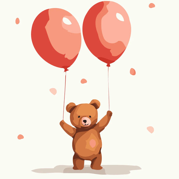 Cute watercolor painting of a teddy bear holding red balloons