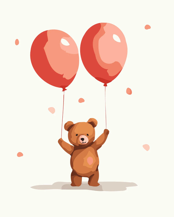 Cute watercolor painting of a teddy bear holding red balloons
