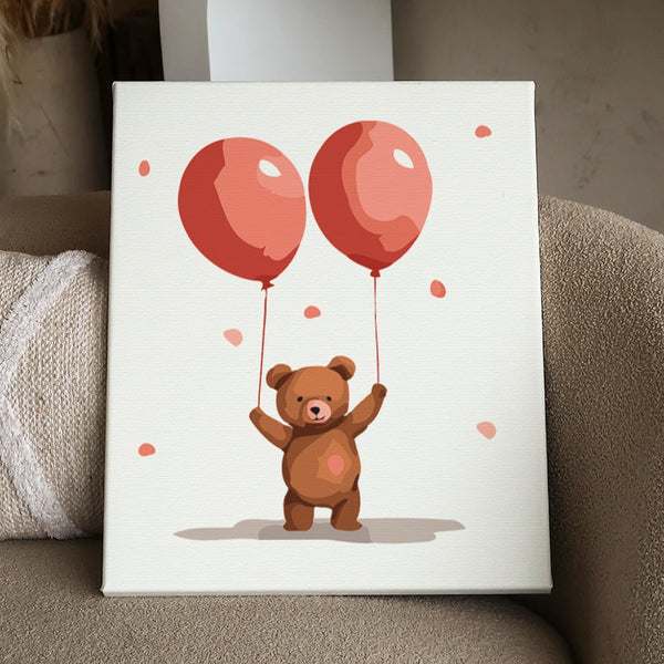 Cute watercolor painting of a teddy bear holding red balloons