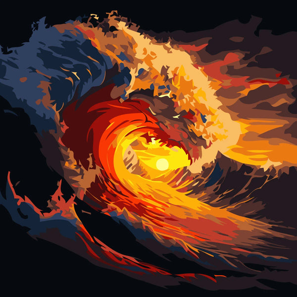 Vibrant abstract painting of a fiery wave with sunset