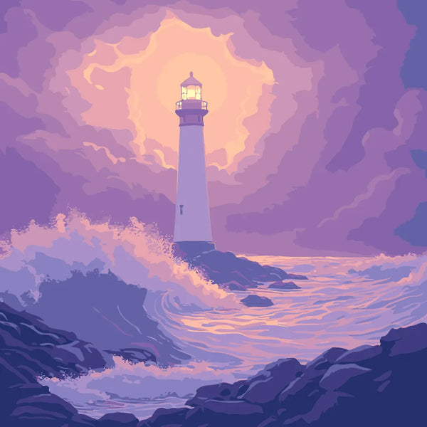 A towering lighthouse stands resilient against crashing ocean waves, illuminated by a glowing sunset through stormy clouds, creating a dramatic and inspiring scene.