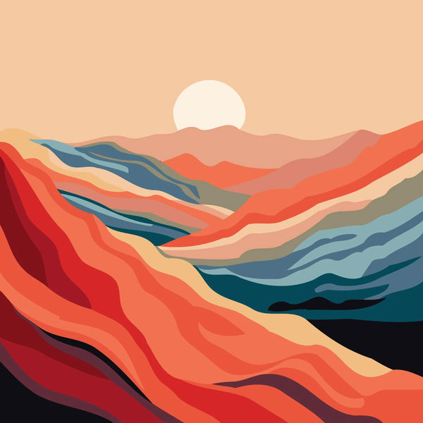 Abstract sunset landscape painting with colorful flowing mountain layers