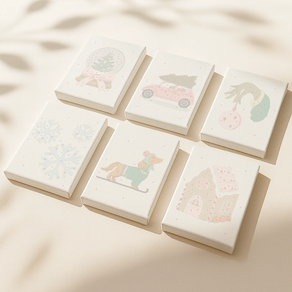 Whimsical Holiday paint by numbers set of 6 pastel Christmas canvases by Artspark featuring festive icons like a car with a tree, gingerbread house, and snowflakes.