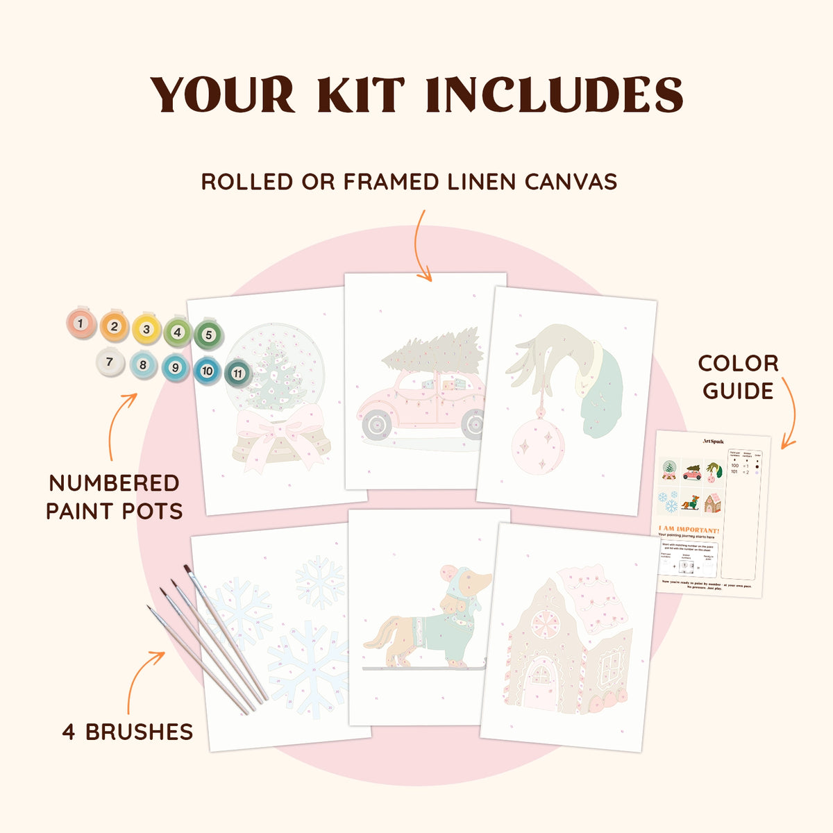 Artspark Whimsical Holiday paint by numbers kit with brushes, paints, and color guide — soft pastel Christmas art project for cozy holiday decor and DIY fun.