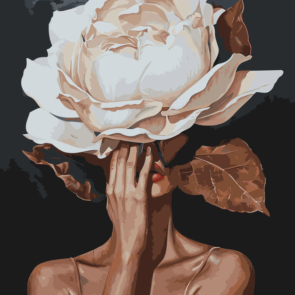 Surreal portrait painting of a woman with a large rose head