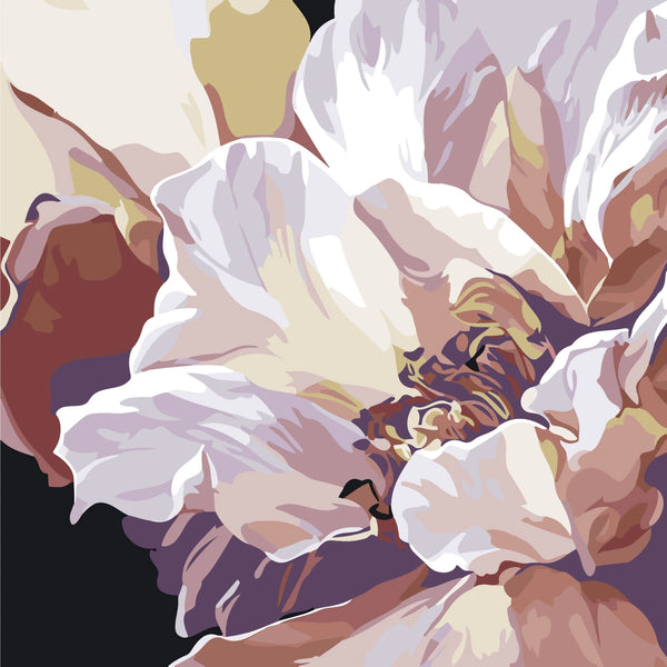 Stylized painting of a large blooming flower in soft colors
