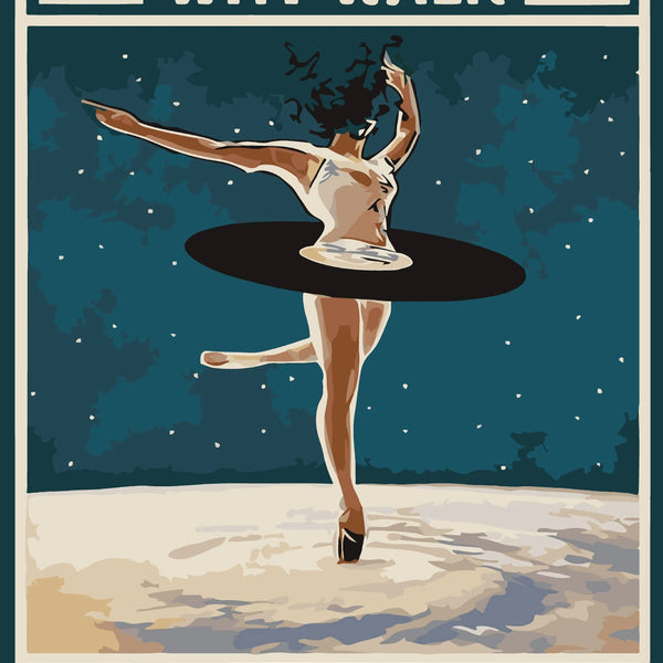 Stylized painting of a dancer with text "Why Walk?"