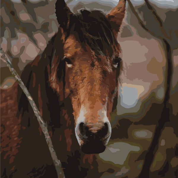 Stylized painting of a brown horse in a natural setting