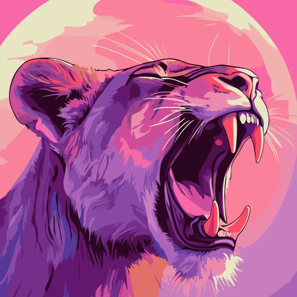 Painting of a roaring lioness in vibrant pink and purple hues