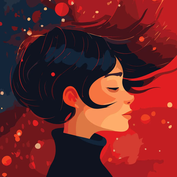 Portrait of a woman with flowing hair against a red background
