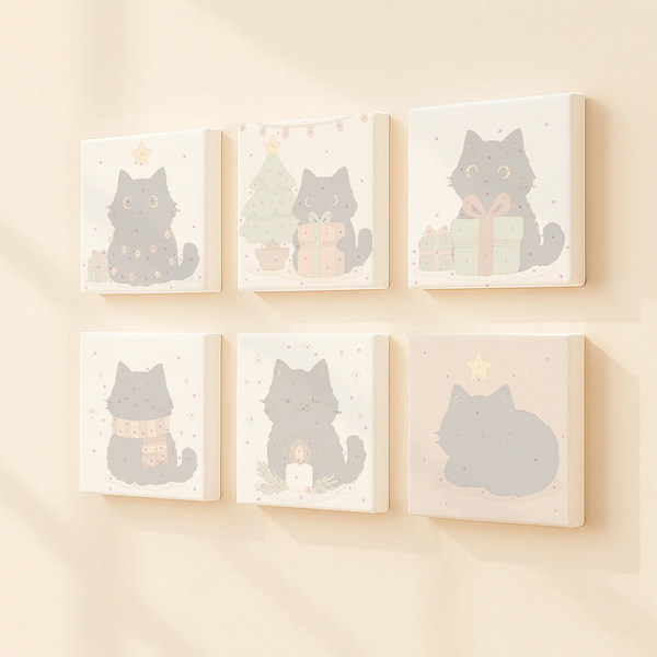 Winter Paws paint by numbers set of 6 mini canvases by Artspark featuring adorable black cats in cozy holiday scenes with candles, gifts, and Christmas tree.