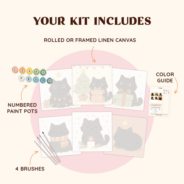 Artspark Winter Paws paint by numbers kit with brushes, numbered paints, and color guide — festive cat-themed art project perfect for cozy winter crafting and decor.