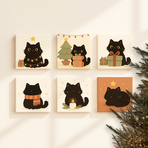 Completed Winter Paws paint by numbers canvases by Artspark showing black cats in warm festive settings — cozy Christmas wall art for cat lovers.