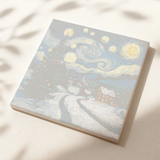Winter Village paint by numbers canvas by Artspark featuring a serene snowy town and starry night sky inspired by Van Gogh’s style.