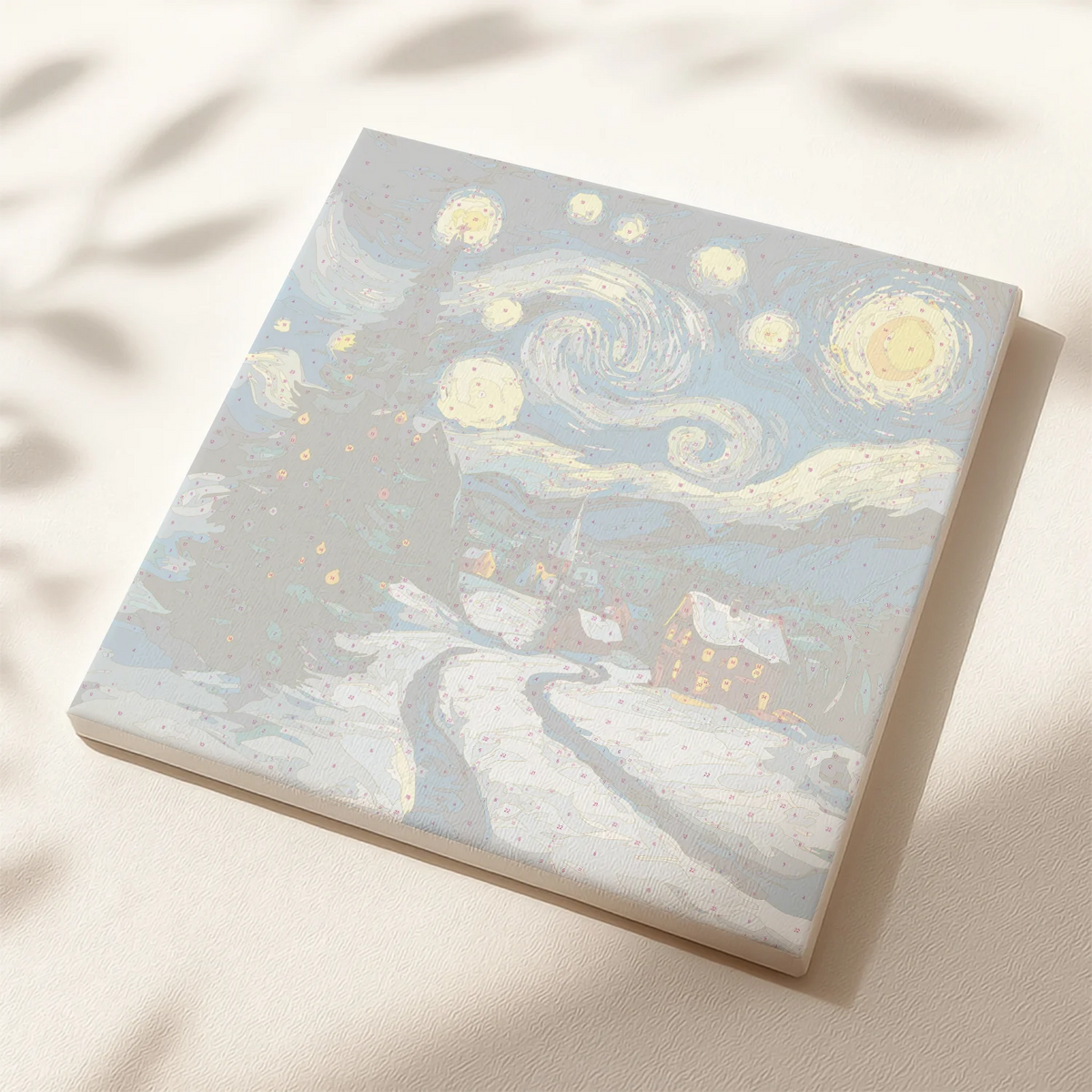 Winter Village paint by numbers canvas by Artspark featuring a serene snowy town and starry night sky inspired by Van Gogh’s style.