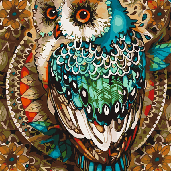 Colorful stylized painting of an owl with intricate patterns