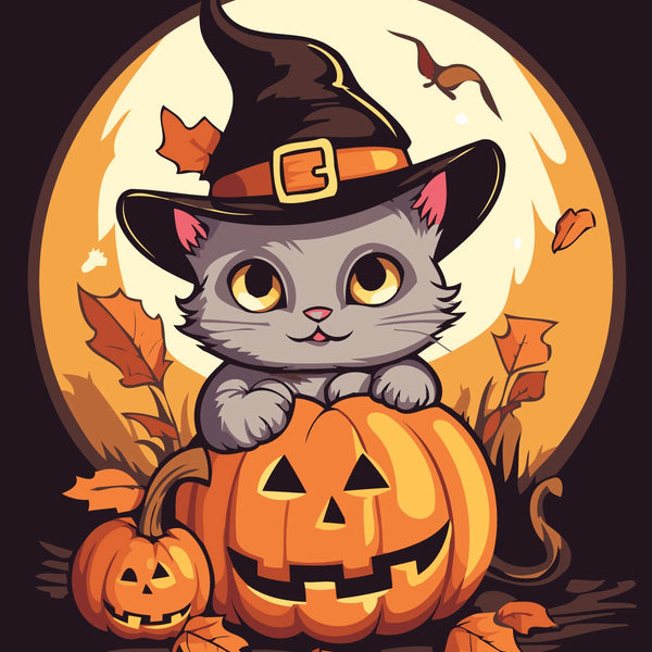 Cute Halloween cat wearing a witch hat inside a pumpkin
