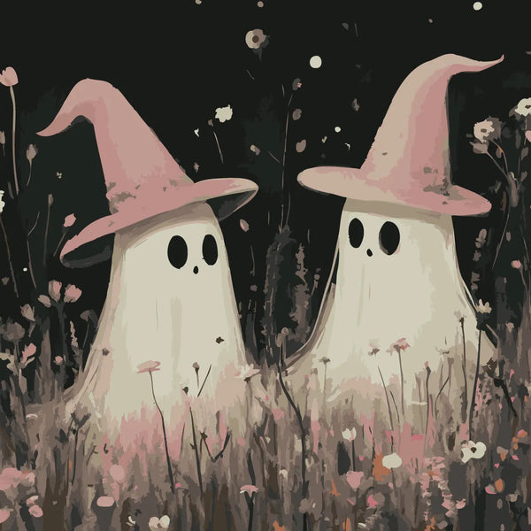 Two cute ghosts wearing pink witch hats in a flower field
