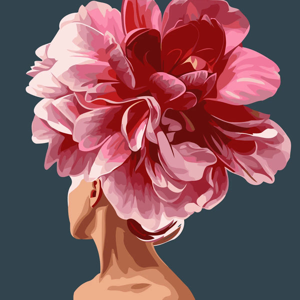 A woman with a large blooming red flower as hair
