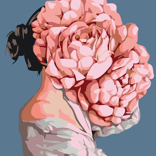 Surreal portrait of a woman with blooming pink roses head