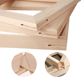Close-up of oak wood frame corners – pre-cut and ready for paint-by-numbers canvas mounting
