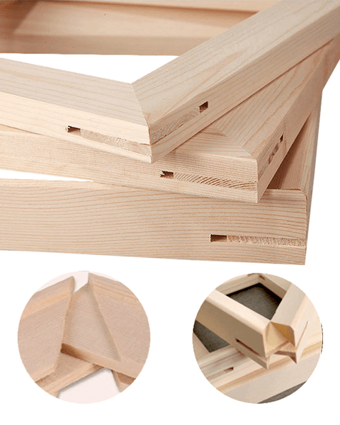 Close-up of oak wood frame corners – pre-cut and ready for paint-by-numbers canvas mounting