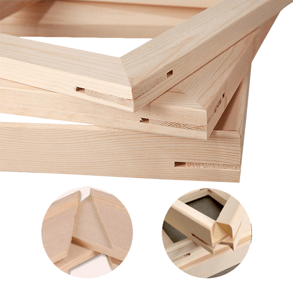Close-up of oak wood frame corners – pre-cut and ready for paint-by-numbers canvas mounting