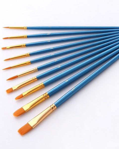 Set of 10 blue-handled paintbrushes in various shapes and sizes – ideal for paint-by-numbers, fine detail, and broad strokes