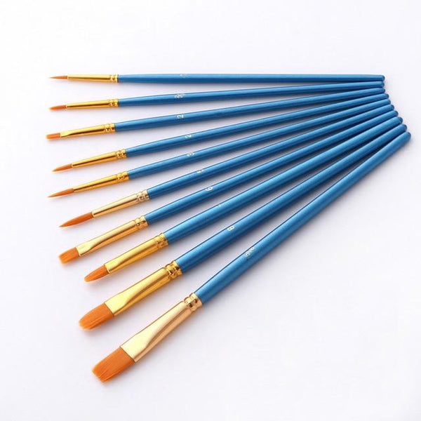 Set of 10 blue-handled paintbrushes in various shapes and sizes – ideal for paint-by-numbers, fine detail, and broad strokes